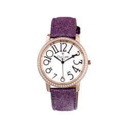 Elsa Lee Paris - Montre Stella cadran acier rosé 3ATM chiffre arabe asymétrique et bracelet cuir étincelant couleur violet prune