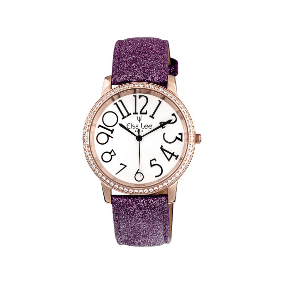 Elsa Lee Paris - Stella watch with Stanley Steel dial case 3ATM and asymmetric numerals, plum purple glittery leather strap