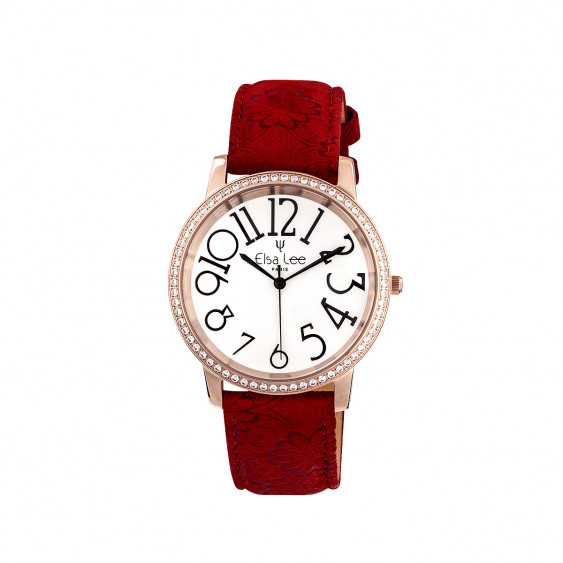 Elsa Lee Paris - Stella watch with Stanley Steel dial case 3ATM and asymmetric numerals, with red velvet pattern leather strap