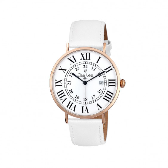 Ladies watch with white leather strap