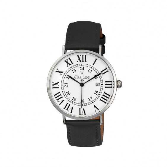 Ladies watch with black leather strap