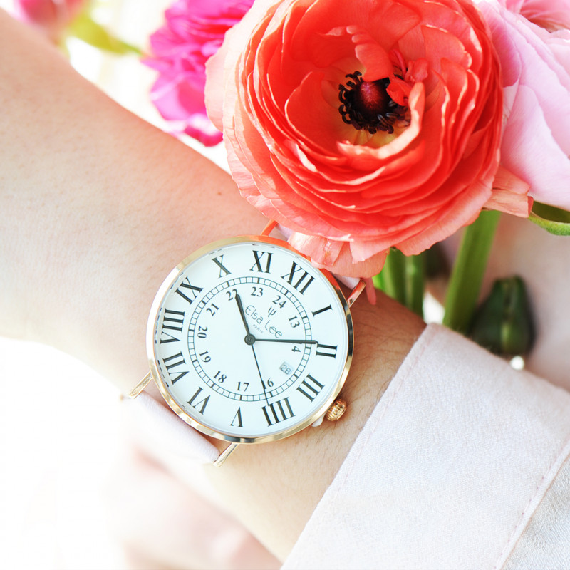 Montre femme bracelet cuir rose poudr