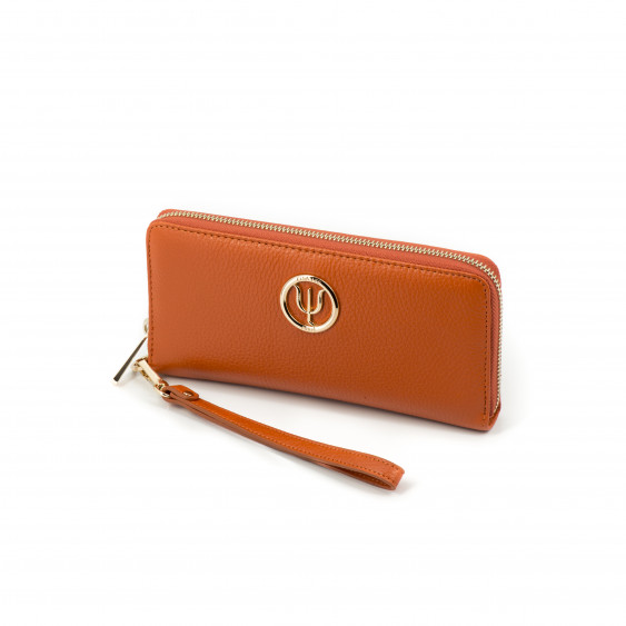 Compagnon Classique, portefeuille Elsa Lee Paris en cuir de veau orange, multiples rangements, emplacement pour smartphone