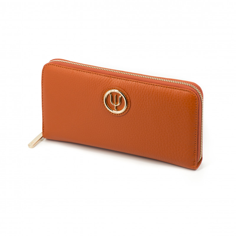 Portefeuille compagnon extra en cuir orange en vente chez Elsa Lee Paris