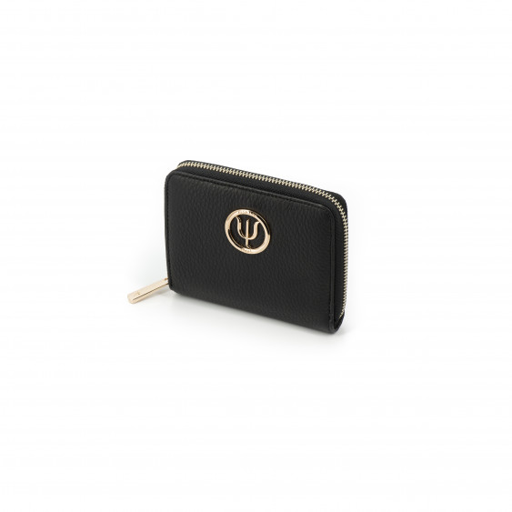 Black leather wallet from Elsa Lee Paris, mini companion with interior in fabric 14x11cm 