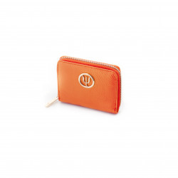 Mini compagnon Elsa Lee Paris, portefeuille zippé en cuir de veau orange et logo doré; dimension 14x11cm