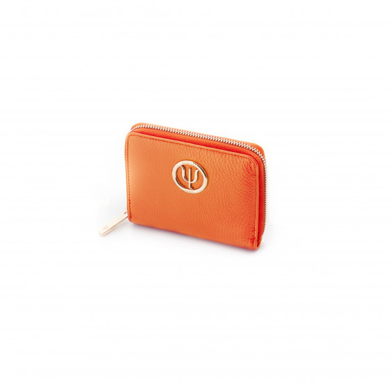 Mini compagnon Elsa Lee Paris, portefeuille zippé en cuir de veau orange et logo doré; dimension 14x11cm