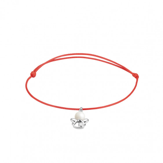 Elsa Lee Paris - Bracelet Clear Spirit sur cordon coton ciré rose pendentif forme ange en argent 925 rhodié avec 1 perle blanche