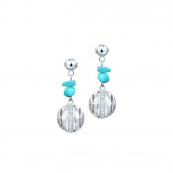 Elsa Lee Paris - Turquoise and silver sterling, rhodium plated, dangling earrings. Marble shaped silver with 1 row of cubics Zir