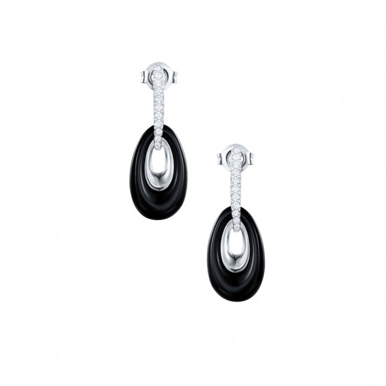Boucles d'oreilles pendantes Elsa Lee Paris en argent 925, email noir motif oval et pendants incrustés d'oxydes de Zirconium