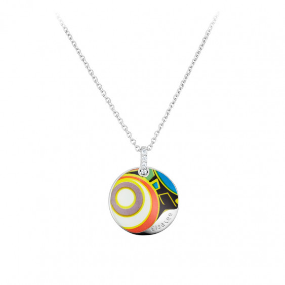 Silver necklace with its rond pendant locket and colorful enamel 