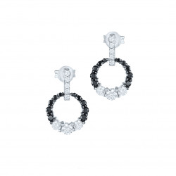 Boucles d'Oreilles pendantes Elsa Lee Paris en argent 925. Motif oval incrusté d'oxydes de Zirconium noirs et blancs