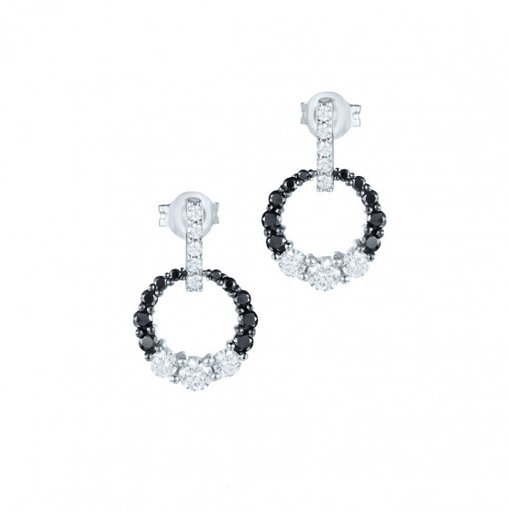 Boucles d'Oreilles pendantes Elsa Lee Paris en argent 925. Motif oval incrusté d'oxydes de Zirconium noirs et blancs