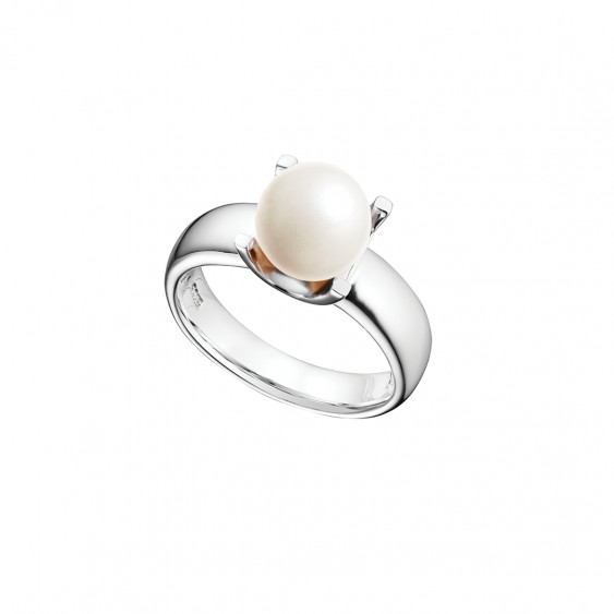 Bague perle blanche solitaire en argent 925 par Elsa Lee Paris 