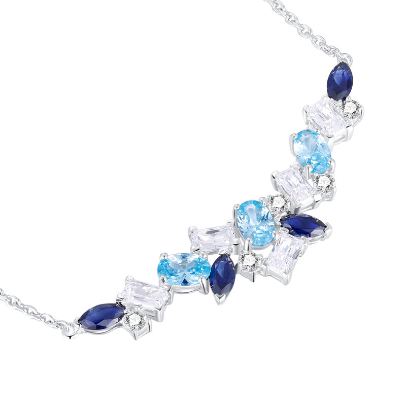 Aquamarine silver necklace with aquamarine and sapphire coloured cubics ...