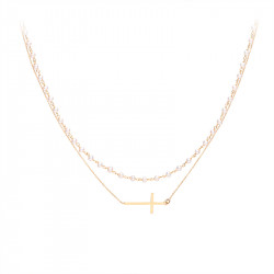  Cross necklace and white rosary on yellow gold plated chain