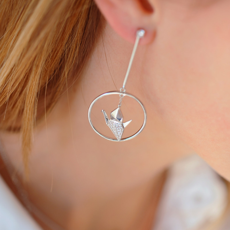 Gold Paper Crane Dangle Earrings-Pink Crystal Dangle Earrings-Origami Crane Earrings-Crystal Jade Drop Earring-Bird Earring-Everyday Jewelry