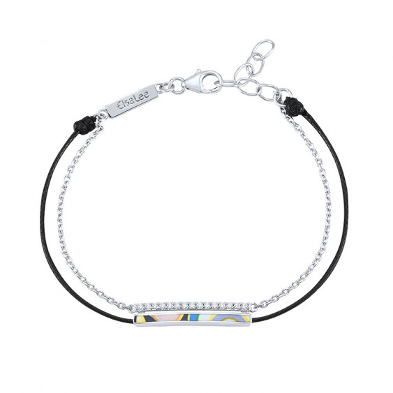 Bracelet émail de couleur sur cordon noir et chaîne en argent par Elsa Lee Paris 