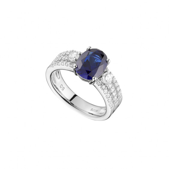 Sapphire blue oval cut 3 row paved silver ring by Elsa Lee PARIS traditional design