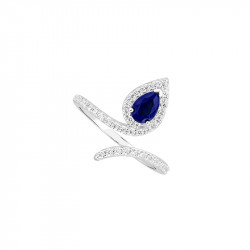 Marine Sapphire open ring in 925 silver with a pear shaped blue cubic zirconia set and 41 white cubics zirconia
