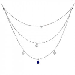 Sapphire color triple chain necklace cut in dropand silver by Elsa Lee Paris