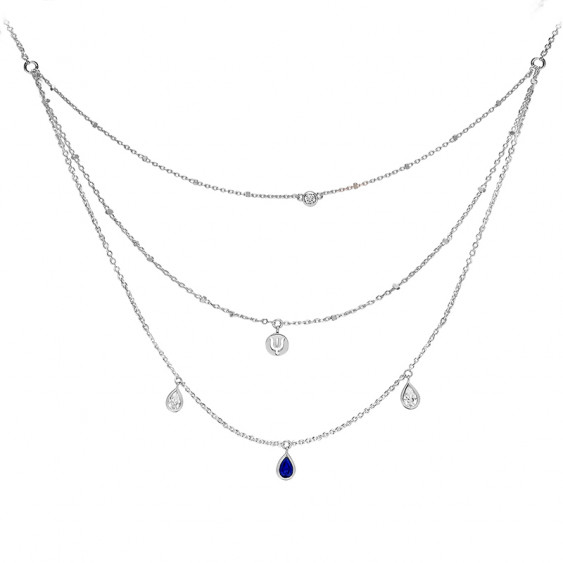 Sapphire color triple chain necklace cut in dropand silver by Elsa Lee Paris