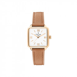 Montre carrée cadran or jaune et bracelet cuir beige 