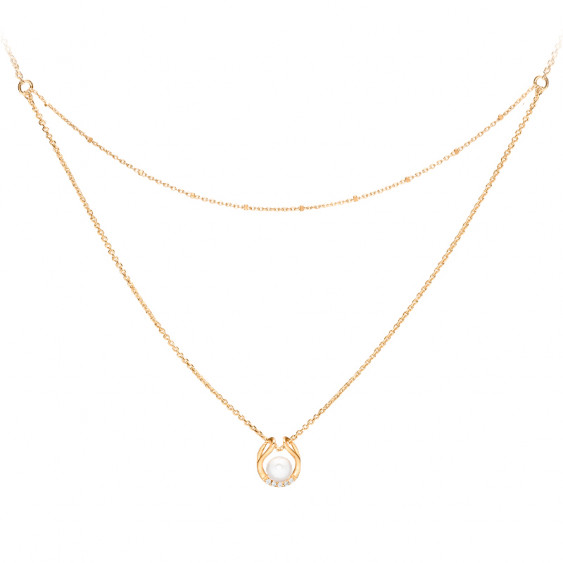 Collier deux rangs perle blanche et or jaune en forme semi-ouverte