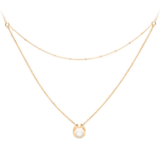 White pearl and yellow gold double necklace in semi-open shape. 