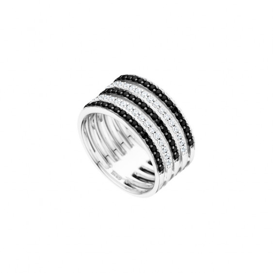 Elsa Lee Paris sterling silver wide ring with clear and black Cubic Zirconia