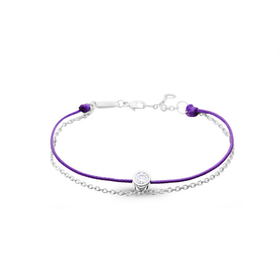 Elsa Lee Paris - Bracelet Clear Spirit, argent 925 rhodié sur cordon en coton ciré violet. - 1 oxyde de Zirconium 0,44ct serti c
