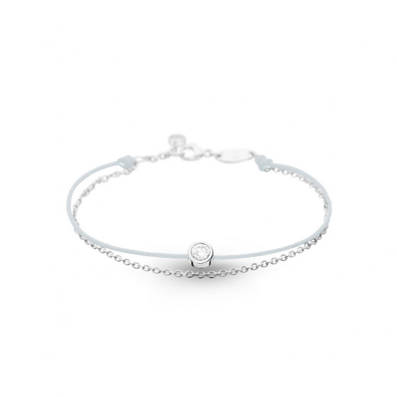 Elsa Lee Paris - Bracelet sur cordon coton ciré blanc - 1 oxyde de Zirconium 0,44ct serti et Argent rhodié 925