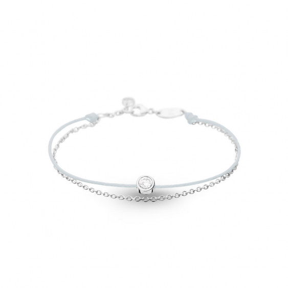 Elsa Lee Paris - Whit waxed coton cord bracelet with fine 925 sterling silver and one close set Cubic Zirconia 0,44ct 