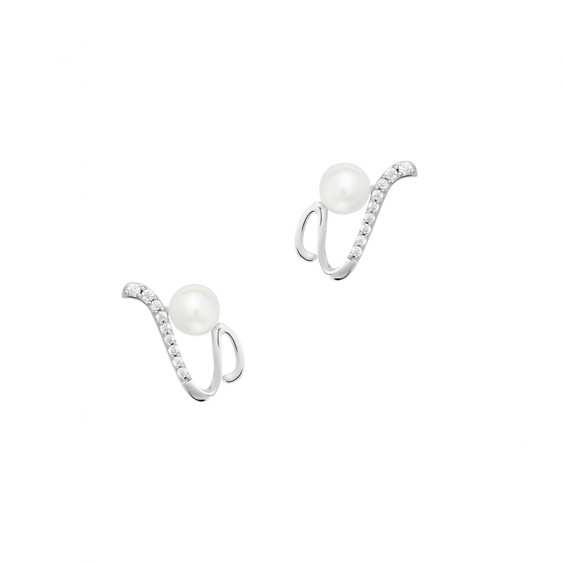 Boucles d'oreilles perles blanches graphiques en argent de la collection Lorelei
