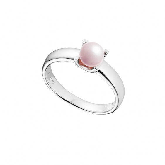 Bague argent rhodié et perle rose sertie, collection La Vie en Rose