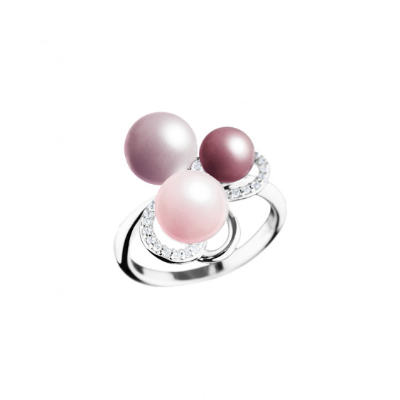 bague en argent 925 Elsa Lee Paris, collection la vie en rose, trois perles dans les tons de rose et oxydes de Zirconium blancs