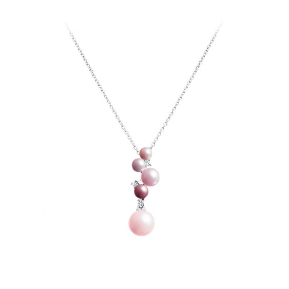 Elsa Lee Paris silver necklace from our Life in Pink collection, with silver chain and dangling pink pearls and Cubic Zirconia