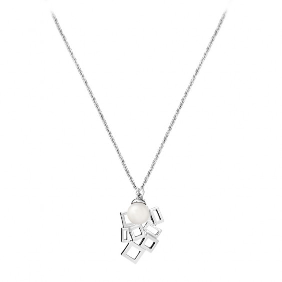 Collier perle blanche et forme carrée en argent - collier argent au motif géométrique et fractal 