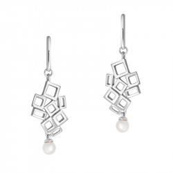 Silver white pearl dangling earrings with fractal cubic design by Elsa Lee. A modern take on the elegant white pearl 