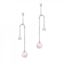 Boucles d'oreilles longues, perles roses et zirconium taille poire, argent 925