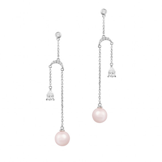 Boucles d'oreilles longues, perles roses et zirconium taille poire, argent 925