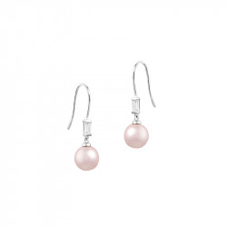 Silver Hook earrings with 2 powder pink pearls by Elsa Lee Paris. Elegant dangling earrings for a casual chic look
