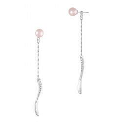 Boucles d'oreilles 2 en 1 pendantes avec perle rose et chaine argent par Elsa Lee Paris 