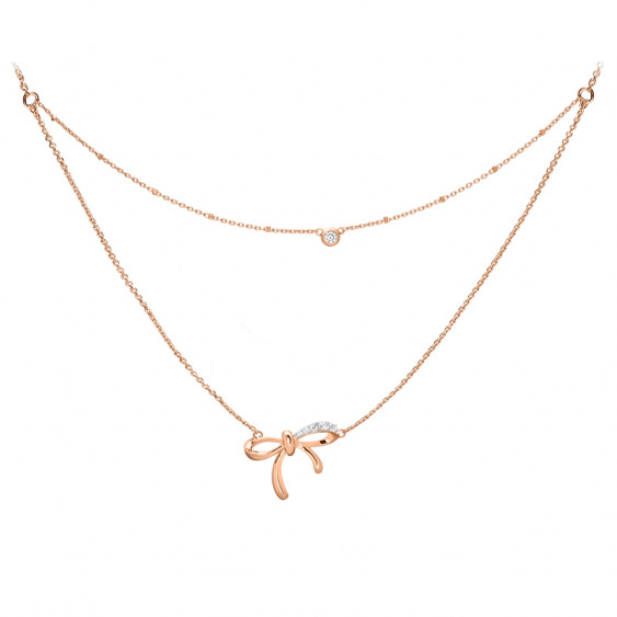 Silver Rose Gold Bow necklace with its double row and close set cubic zirconia by Elsa Lee Paris 