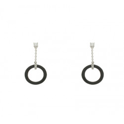 Drop earrings with dangling black circle and silver chain by Elsa Lee Paris