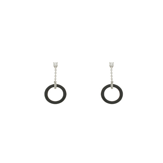 Boucles d'oreilles pendantes cercles noirs et chaîne en argent par Elsa Lee Paris 