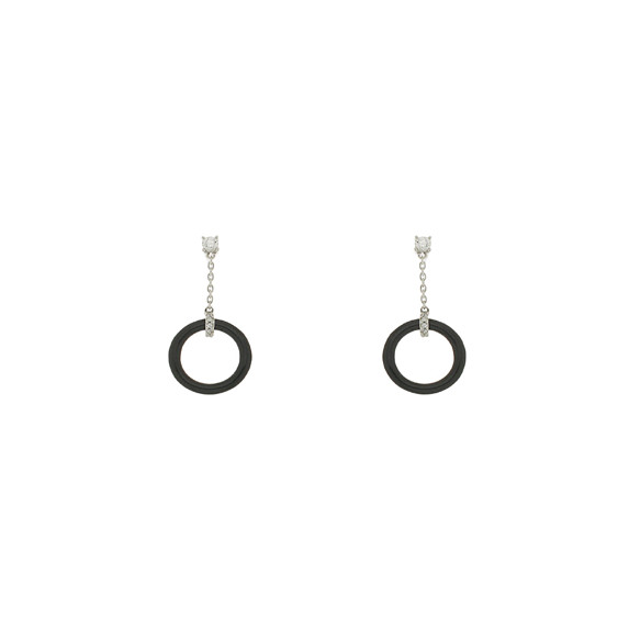 Drop earrings with dangling black circle and silver chain by Elsa Lee Paris