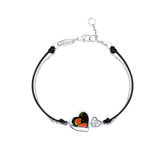 Bracelet cordon et chaîne motif coeur email en argent