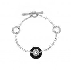 Black and white circle and ring bracelet and its silver toggle clasp by Elsa Lee Paris 