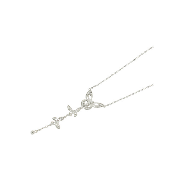 Silver butterfly Tie necklace with its long pendant and cubics zirconia sets on the wings by Elsa Lee Paris